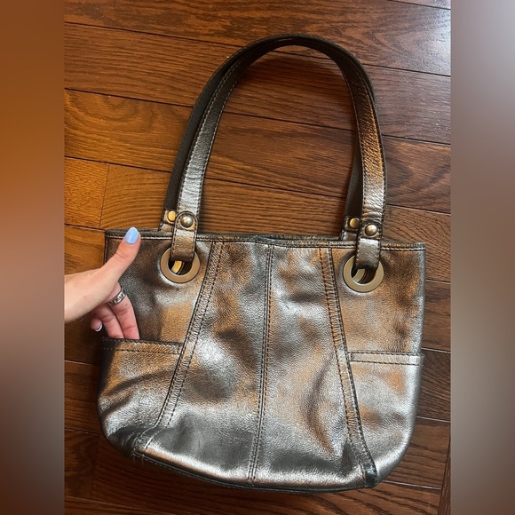 Fossil Vintage Y2K Floral Gray Silver Leather Tote Handbag - Picture 4 of 8